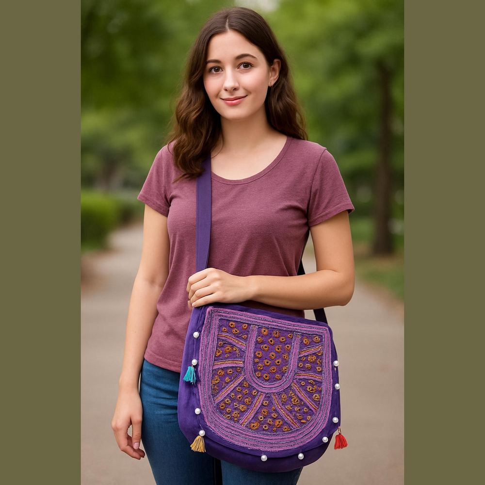 Boho Purple Embroidered Purse with Intricate Patterns